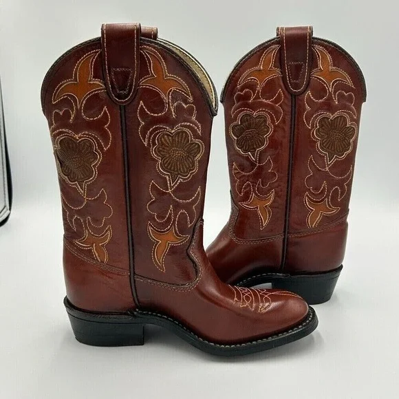 Vintage Texas Boot Co. 10.5D Leather Cowboy Boots Girls‎ Floral 1940s New w/ Box